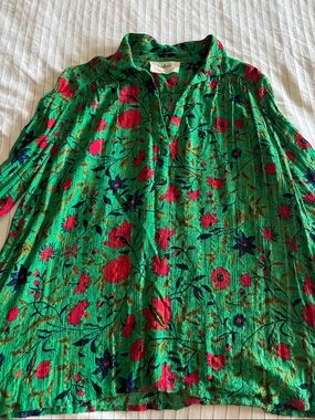 ba&sh floral kelly green Blouse with Pink and Navy Motif size L-10